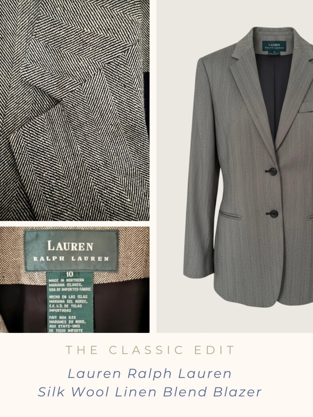 Lauren Ralph Lauren | Silk Wool Linen Blazer | Herringbone Tailored Jacket | 10